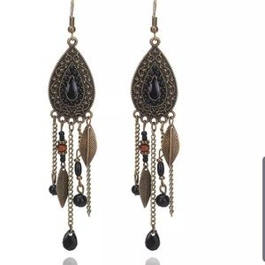 Bohemian onyx brushed brass hook earrings